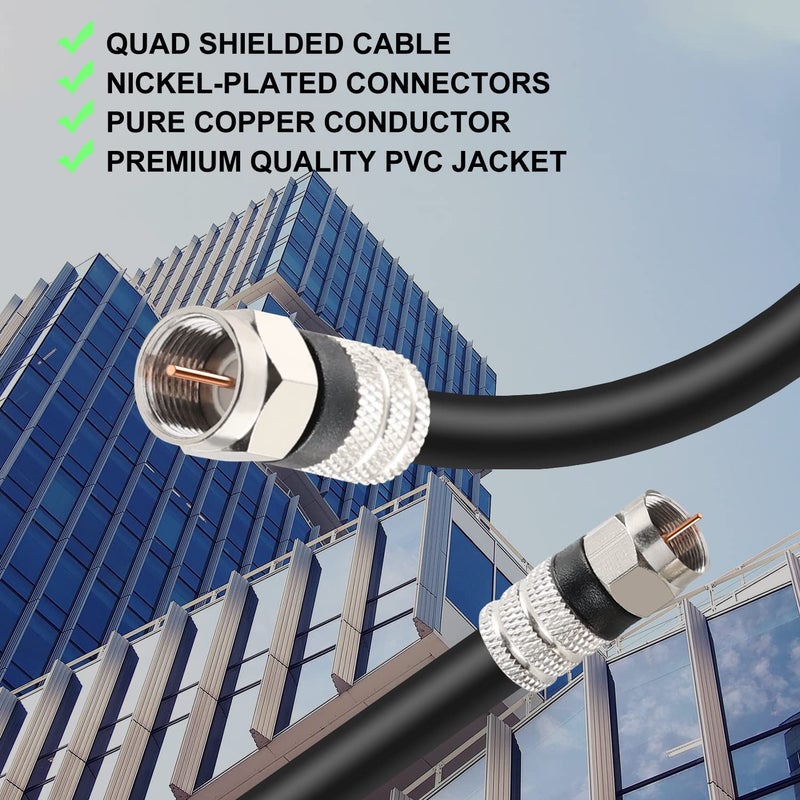 Postta Digital Coaxial Cable(30 Feet) Quad Shielded Black RG6 Cable with F-Male Connectors - Image 5